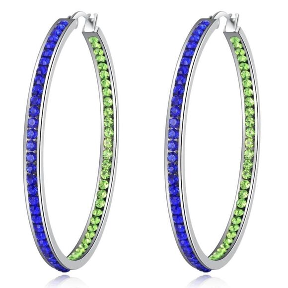 14K White Gold with Blue Sapphire and Peridot Green Cubic Zirconia Hoop Earrings - Picture 1 of 6